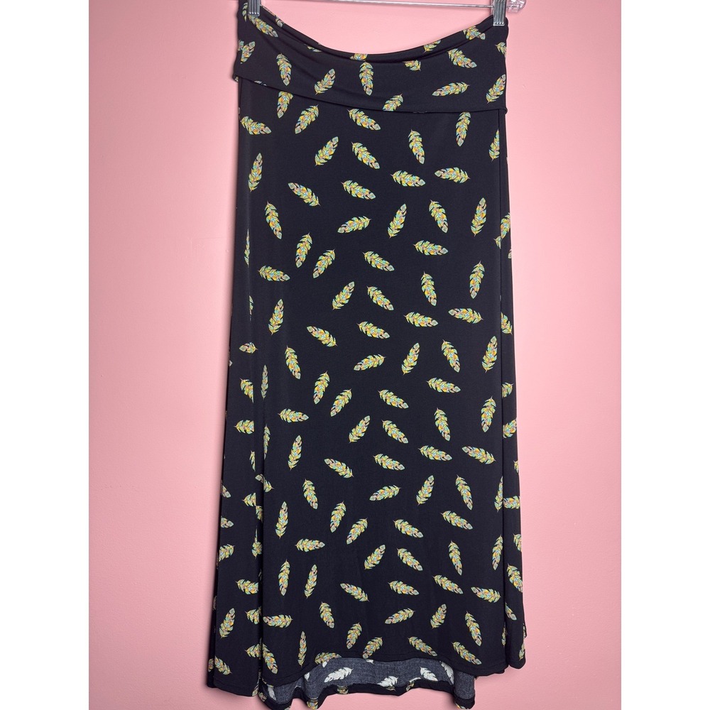 LuLaRoe Maxi Skirt Womens Medium Black Feather Print Fold Over Waist Boho Whimsy